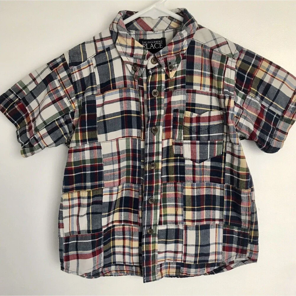 The Childrens Place Boys Madras Patchwork Short Sleeve Shirt Button Down Size 4T